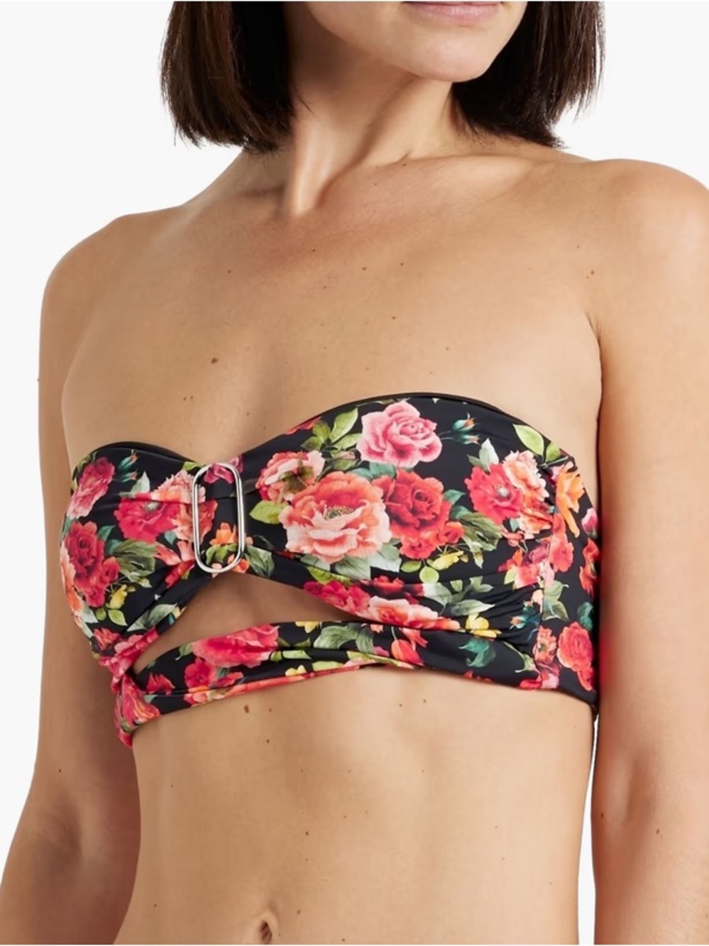 ONIA Lara Cutout Floral Rose Print Bandeau Bikini Top Black Large L NEW NWT